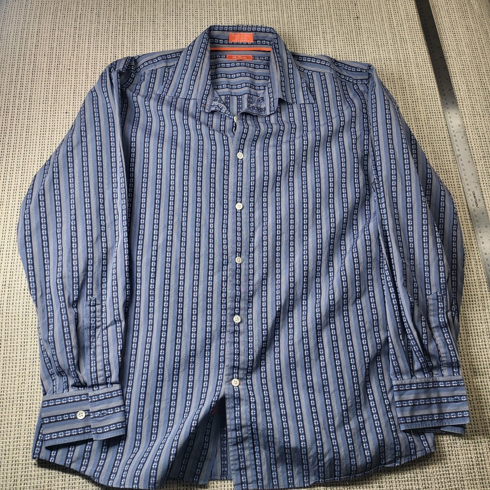 Faconnable Jeans Shirt Mens L Blue Striped Cotton Long Sleeve Button Down 6443